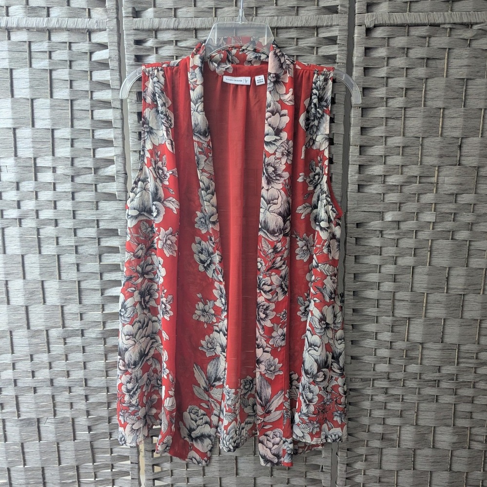 Susan Graver Sleeveless Vest Red Floral Sheer Chiffon Open Front Cardigan Sz M